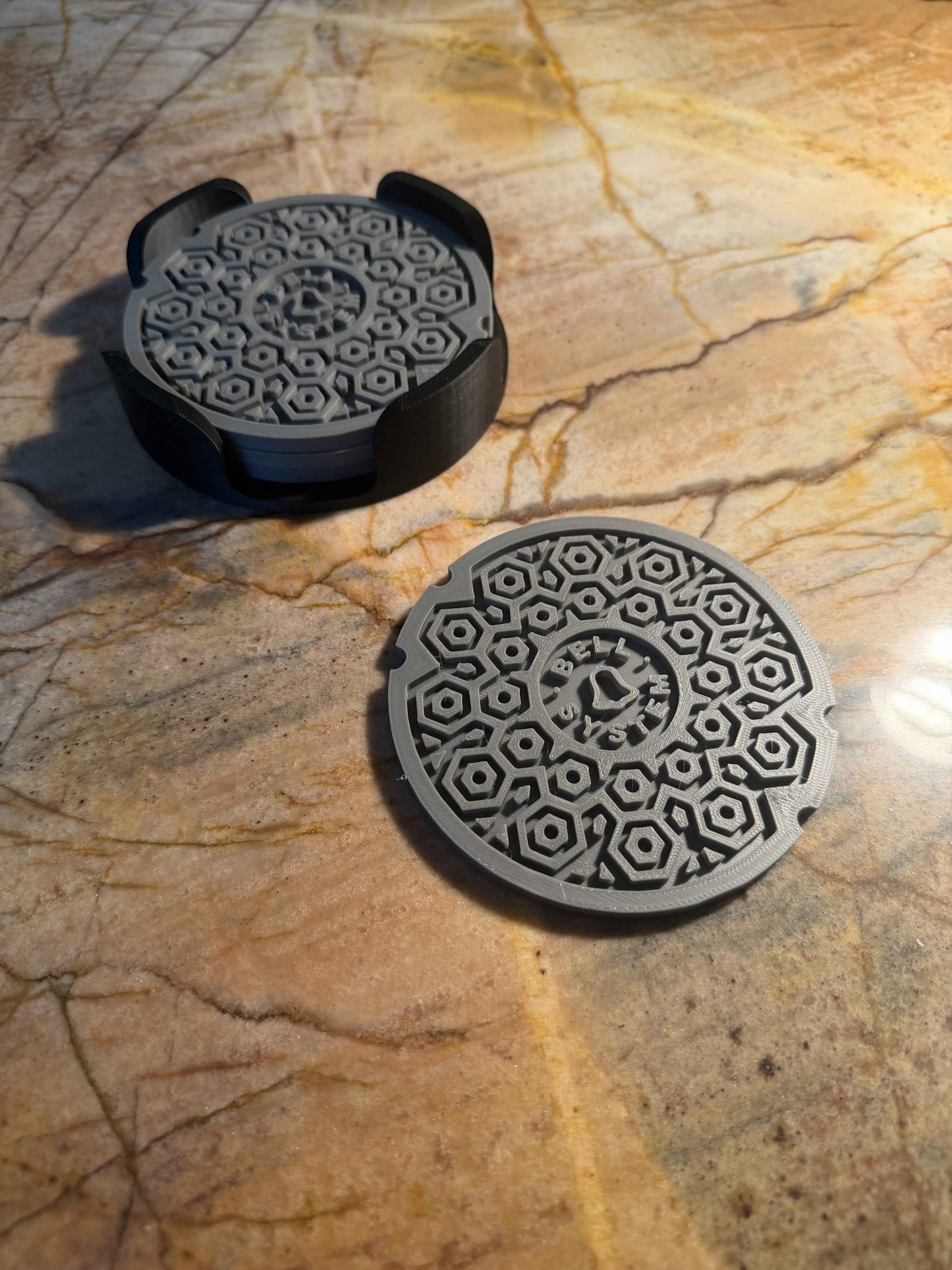 Bell System Manhole Cover Coaster Set with Stand – Set of 4 Miniature Utility Cover Coasters
