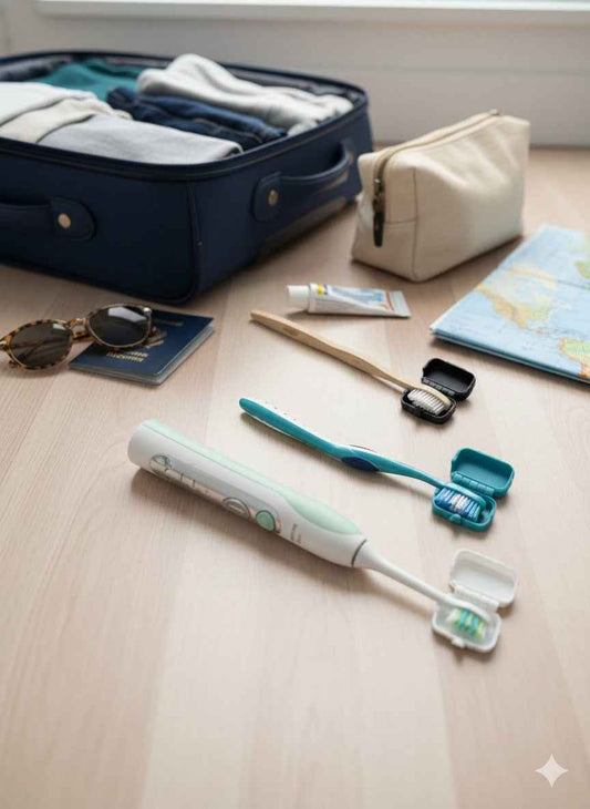 Snap-on toothbrush travel cover next to a travel kit on a counter