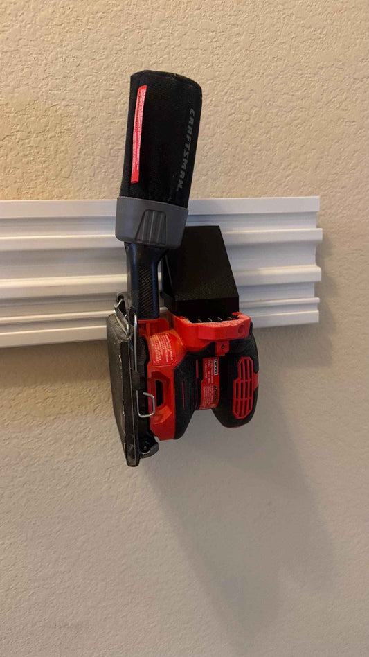 Craftsman VersaTrack power tool mount on an aluminum track, side view