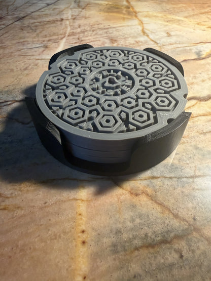 Bell System Manhole Cover Coaster Set with Stand – Set of 4 Miniature Utility Cover Coasters