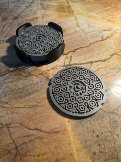 Bell System Manhole Cover Coaster Set with Stand – Set of 4 Miniature Utility Cover Coasters