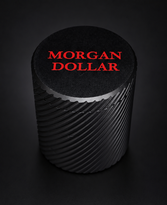Morgan Dollar coin storage tube in carbon black with red MORGAN DOLLAR lid