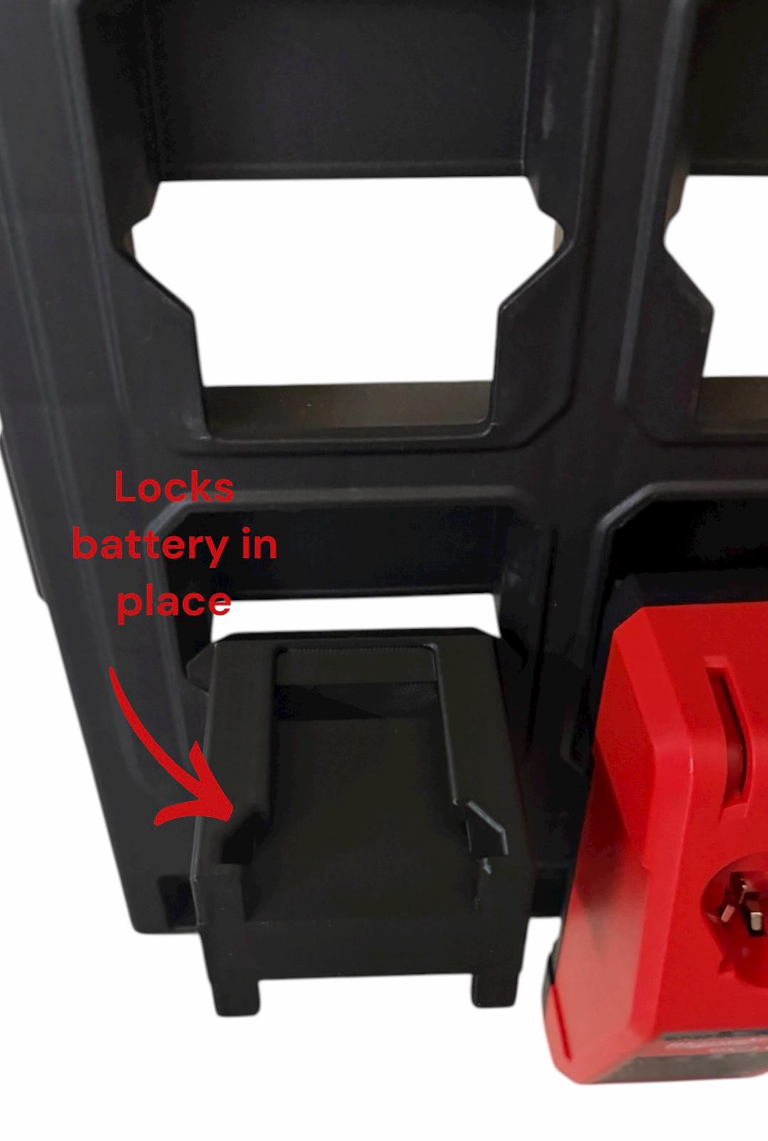 Secure M18 Battery Holder for Milwaukee Packout Wall System | Anti-Drop Locking Notch | Double Slotted